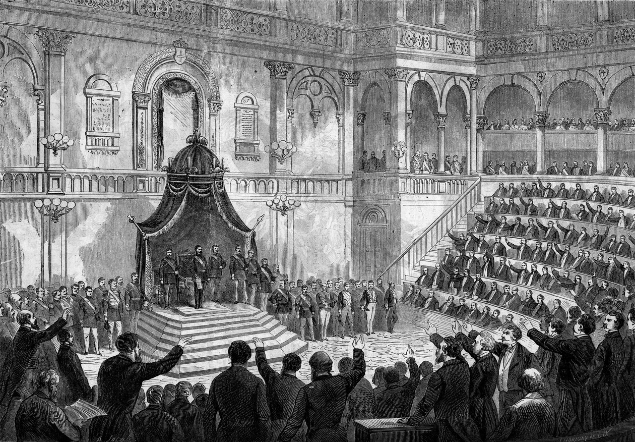 Toespraak van de koning van Italië Victor Emmanuel II (Vittorio Emanuele) (Victor-Emmanuel) (1820-1878) bij de opening van de zitting van de Italiaanse staten in het parlement van Turijn door French School