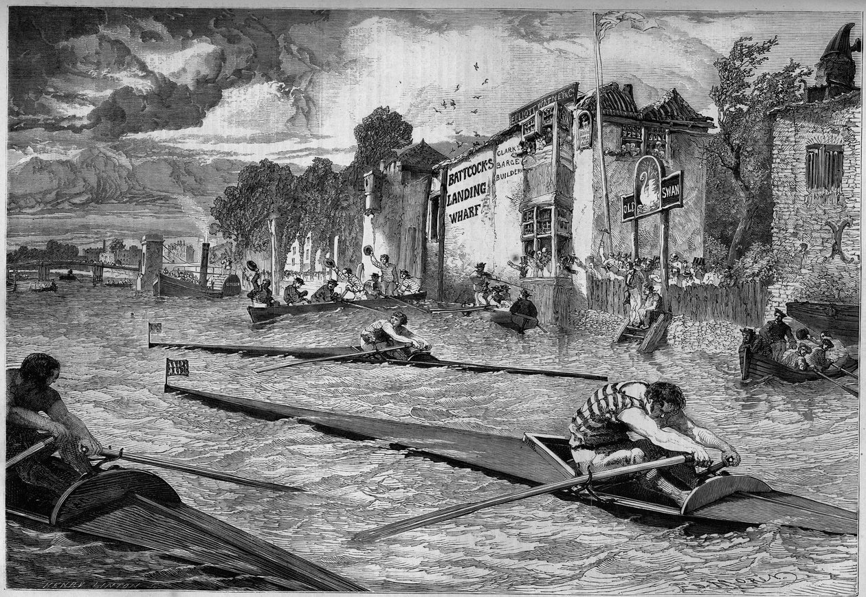 Sportwedstrijd: kanowedstrijd (outrigger) op de Theems. Engeland door French School