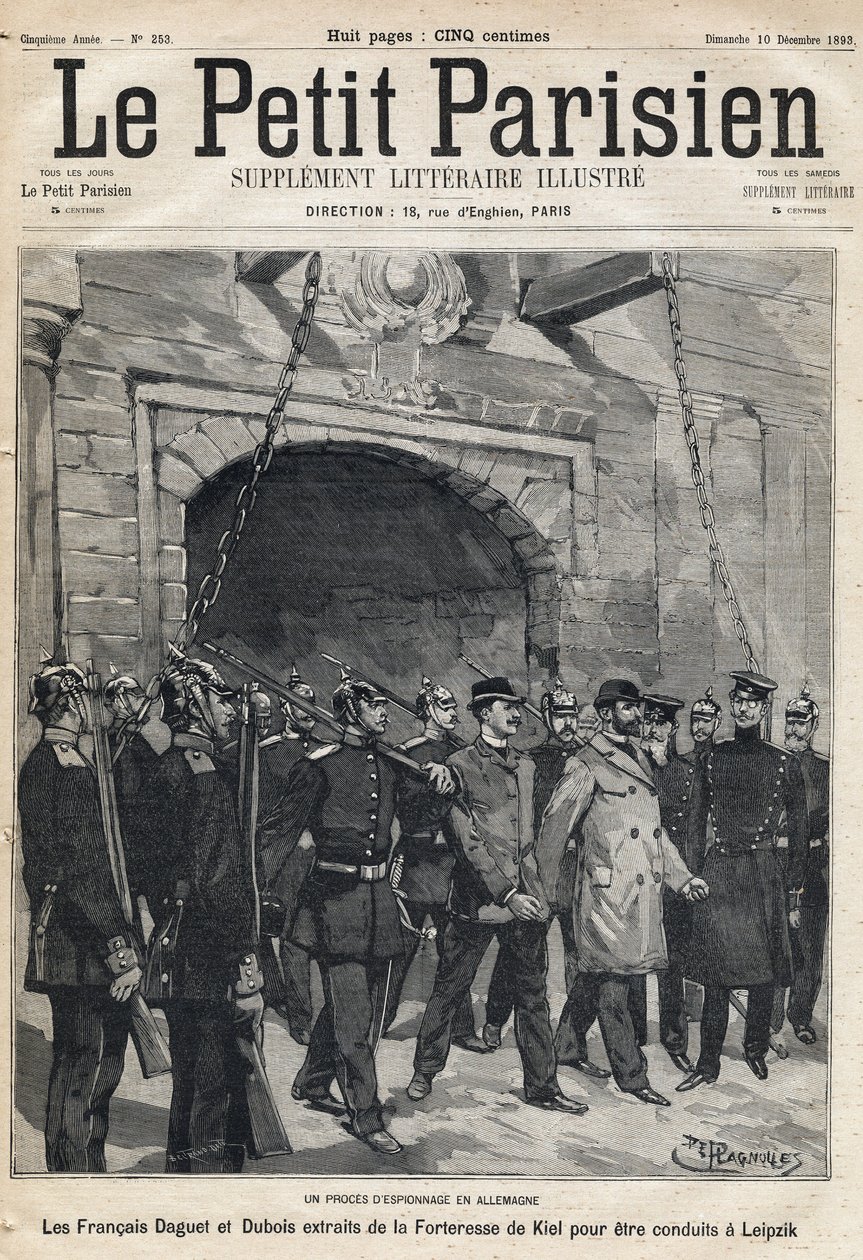 Spionageproces in Duitsland: de Fransen Daguet en Dubois overgebracht van de Kiel-vesting naar Leipzig. Een van de krant Le petit Parisien op 10/12/1893 (gravure) door French School