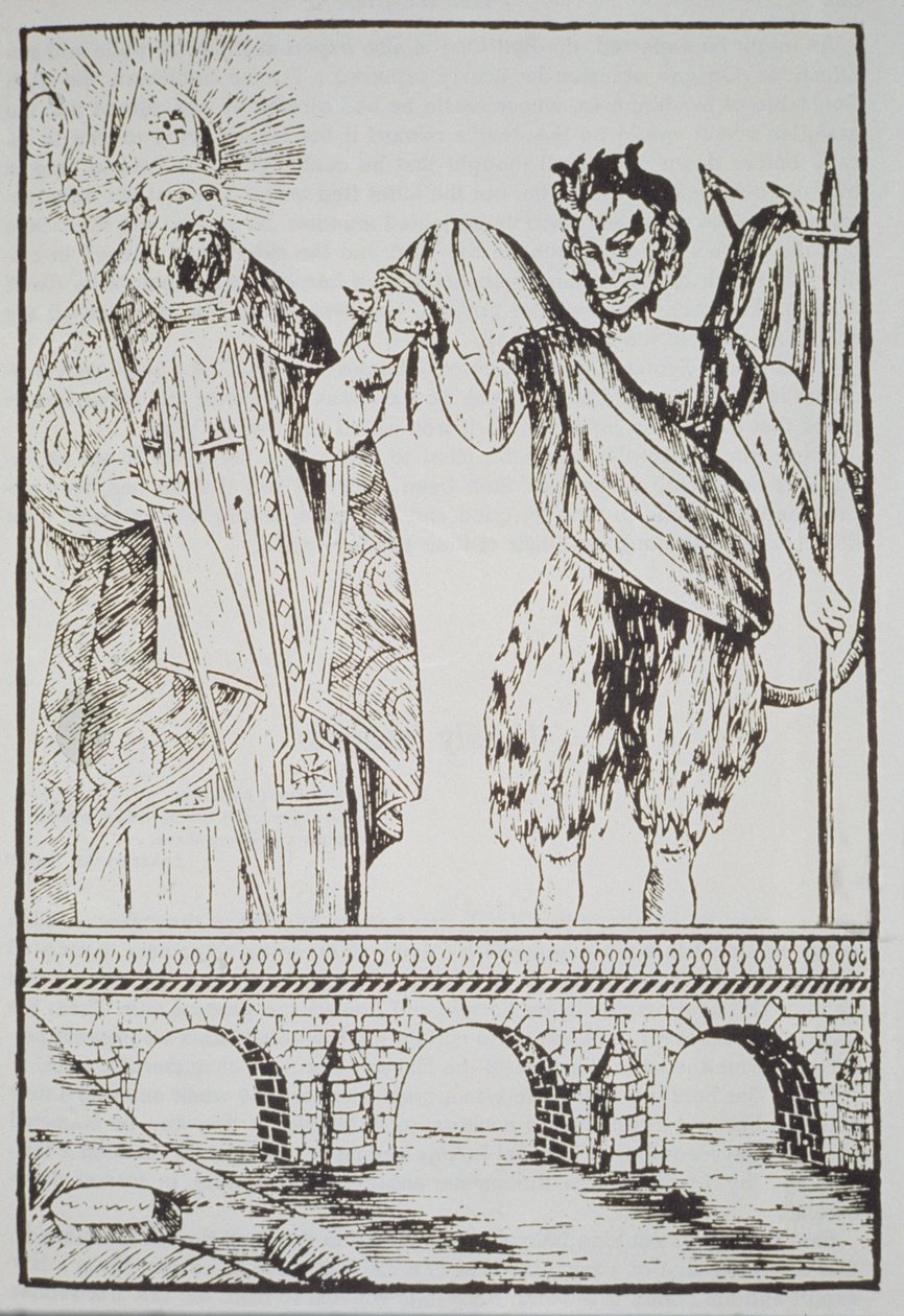 St. Cado en de Duivel, kopie van een populaire Franse prent, geïllustreerd in een geschiedenis van magie gepubliceerd eind 19e eeuw door French School