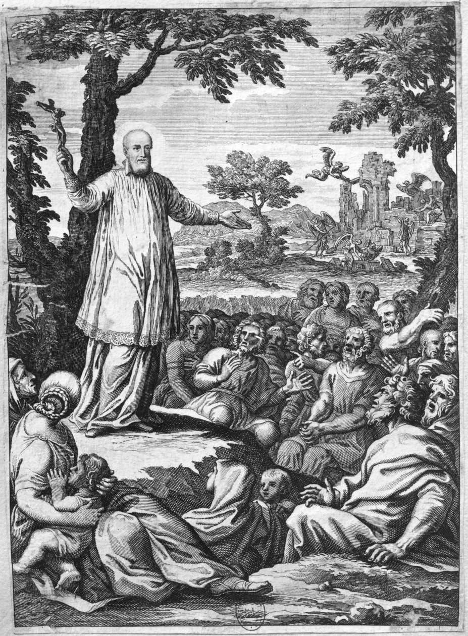 St. Franciscus van Sales predikend tot de ketters van Chablais (gravure) door French School