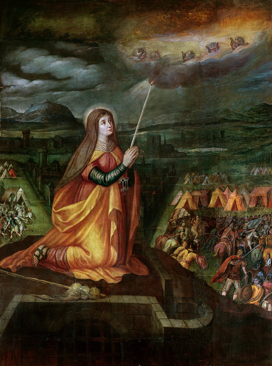 St. Genevieve bidt om de komst van Attila en zijn Hunnen af te wenden door French School