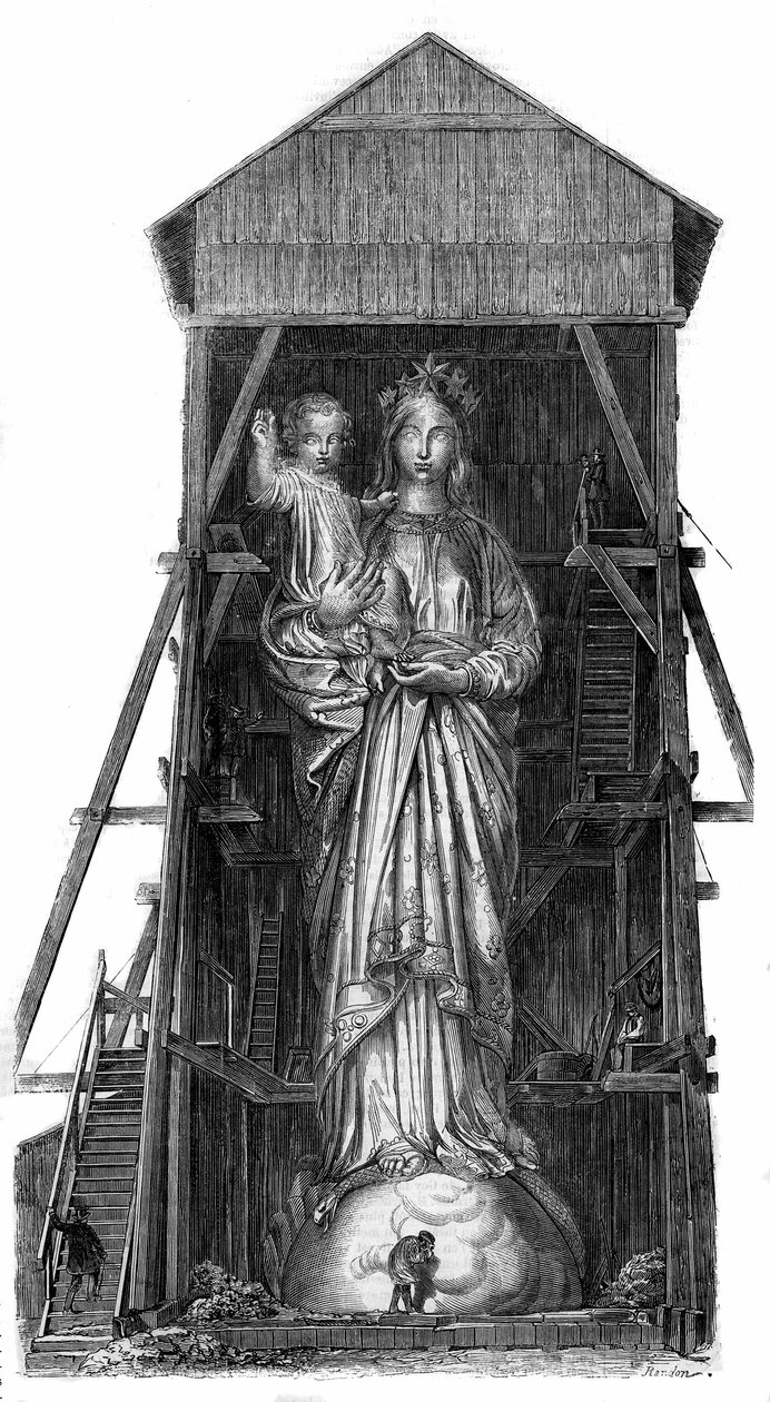 Standbeeld van Notre Dame de France in Puy-en-Velay (Puy-en-Velay) in Haute Loire (43): model van het standbeeld dat gesmolten moet worden uit het ijzer van de kanonnen genomen in Sebastopol. Het standbeeld werd voltooid in 1860 en was 16m hoog. Van een fo door French School