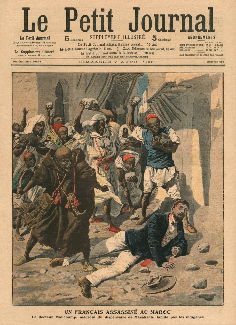 Steniging van de Franse dokter Mauchamp in Marokko, illustratie uit 