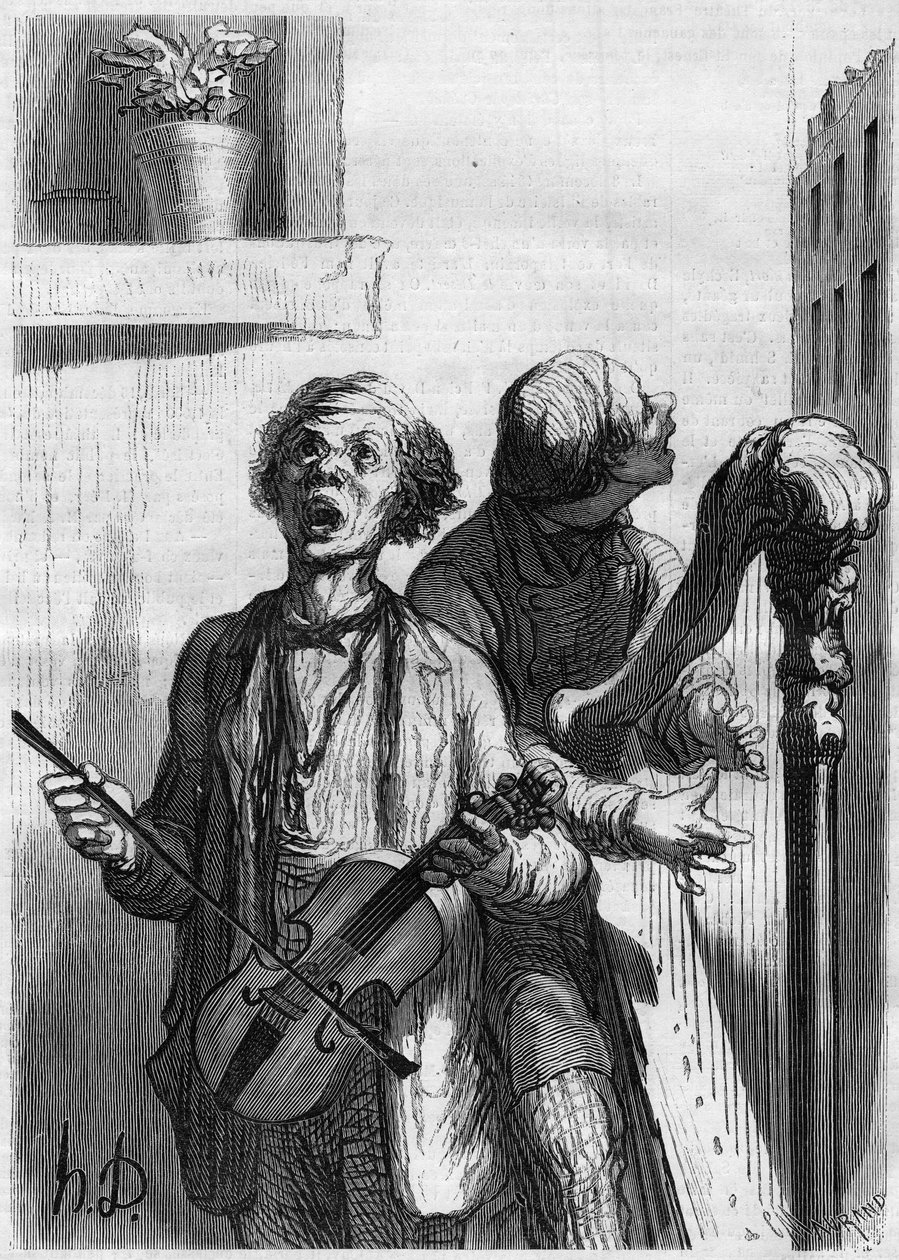 Straatzangers. Cartoon door Honoré Daumier (1808-1879). Gravure in 