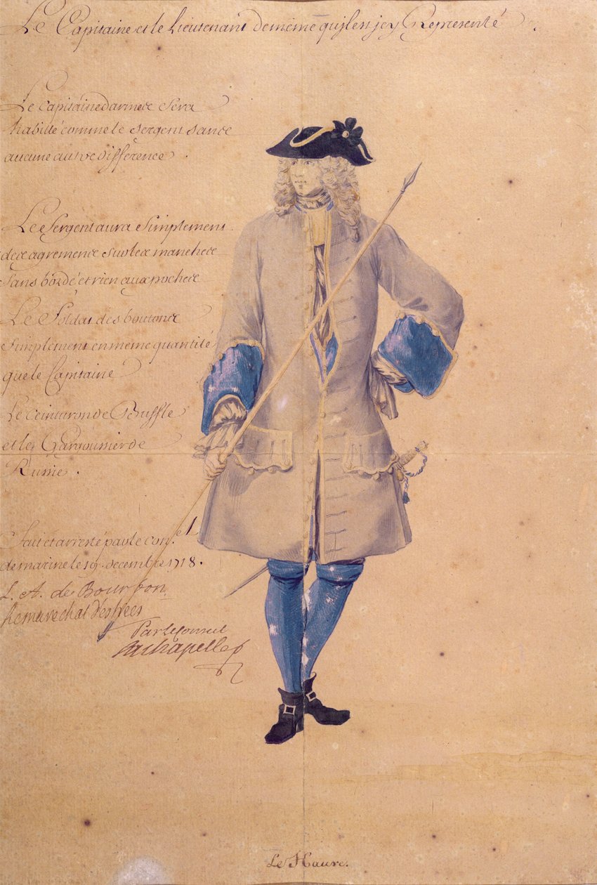 Studie van het uniform van een marinier gestationeerd in Le Havre, 1718 door French School