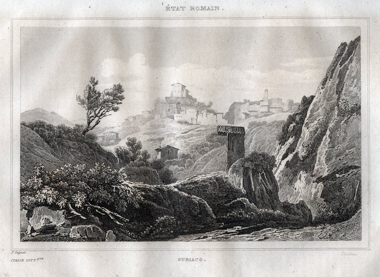 Subiaco Lazio in de Metropolitane Stad Rome - Gravure uit "Picturesque Italy" door M. de Norvins, Ch. Nodier 1834-1836. door French School