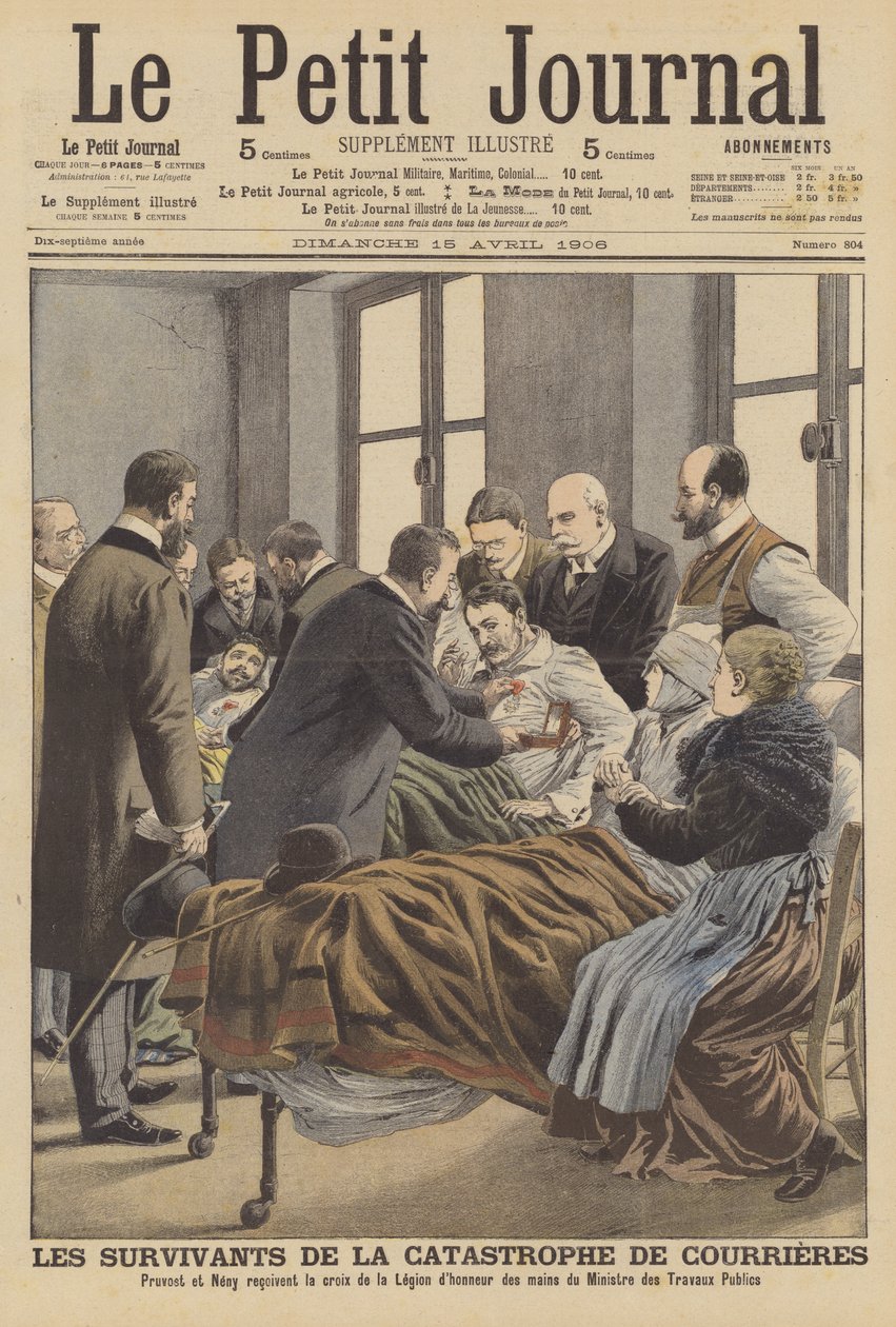 Overlevenden van de mijnramp in Courrieres (kleurenlitho) door French School
