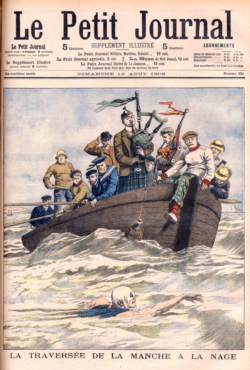 Het Kanaal overzwemmen. Engelsman Jabez Wolffe maakt de eerste van zijn 22 mislukte pogingen om het Kanaal over te zwemmen. La traversée de la Manche à la nage door Jabez Wolffe (1877-1943) - Illustratie voor Le Petit Journal door French School