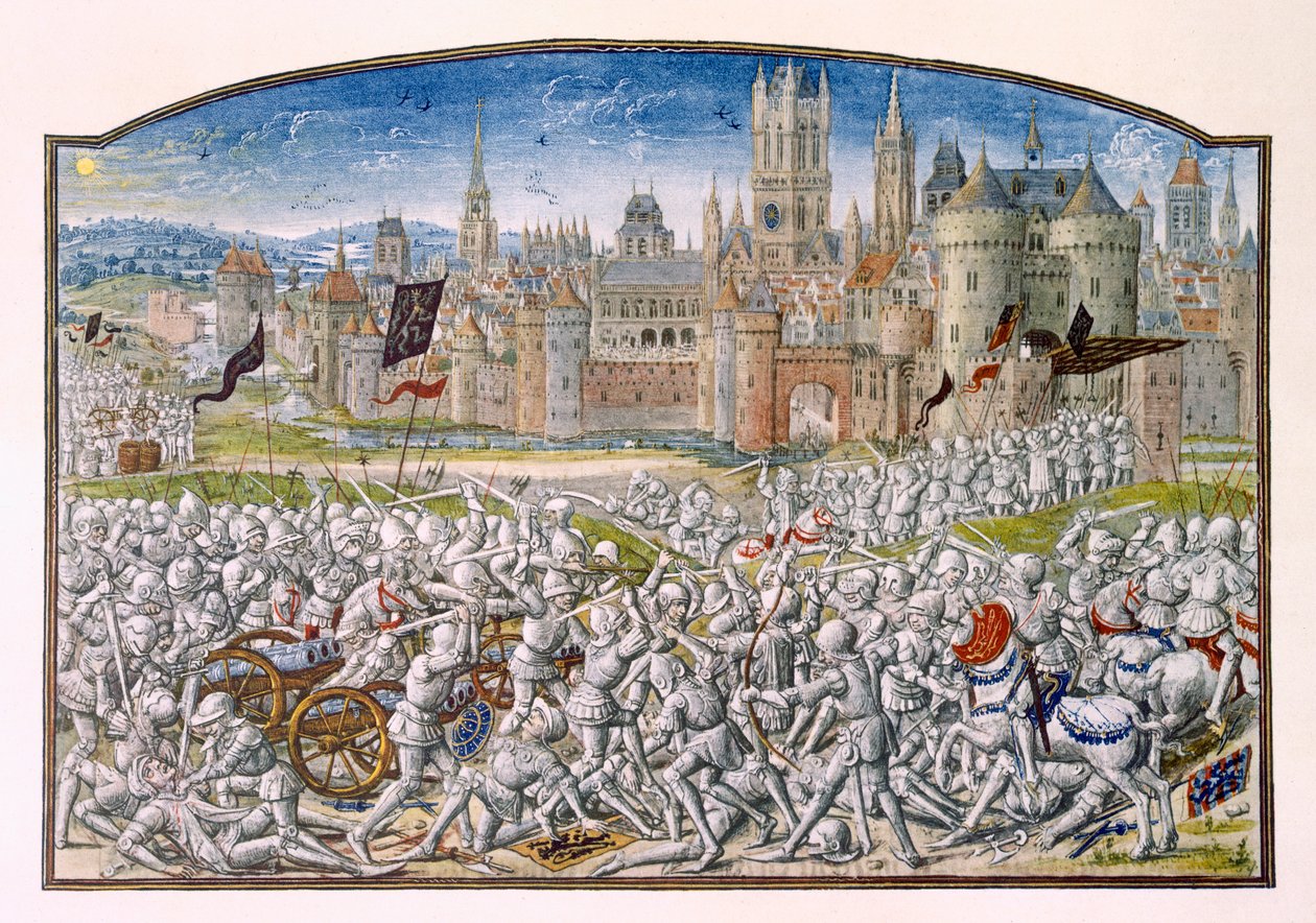 T.2 fol.287 Overwinning van de inwoners van Gent onder leiding van Philipp van Artevelde voor Brugge in 1381, uit Froissarts Kroniek, 1472 door French School