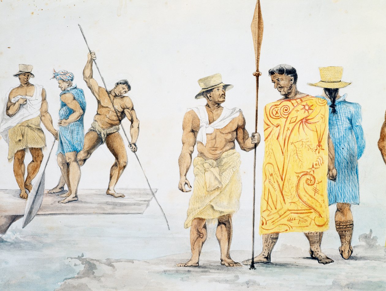 Tahitische hoofden aan boord van Coquille, ontwerp door Jules-Louis Lejeune, gebaseerd op Reis rond de wereld door French School