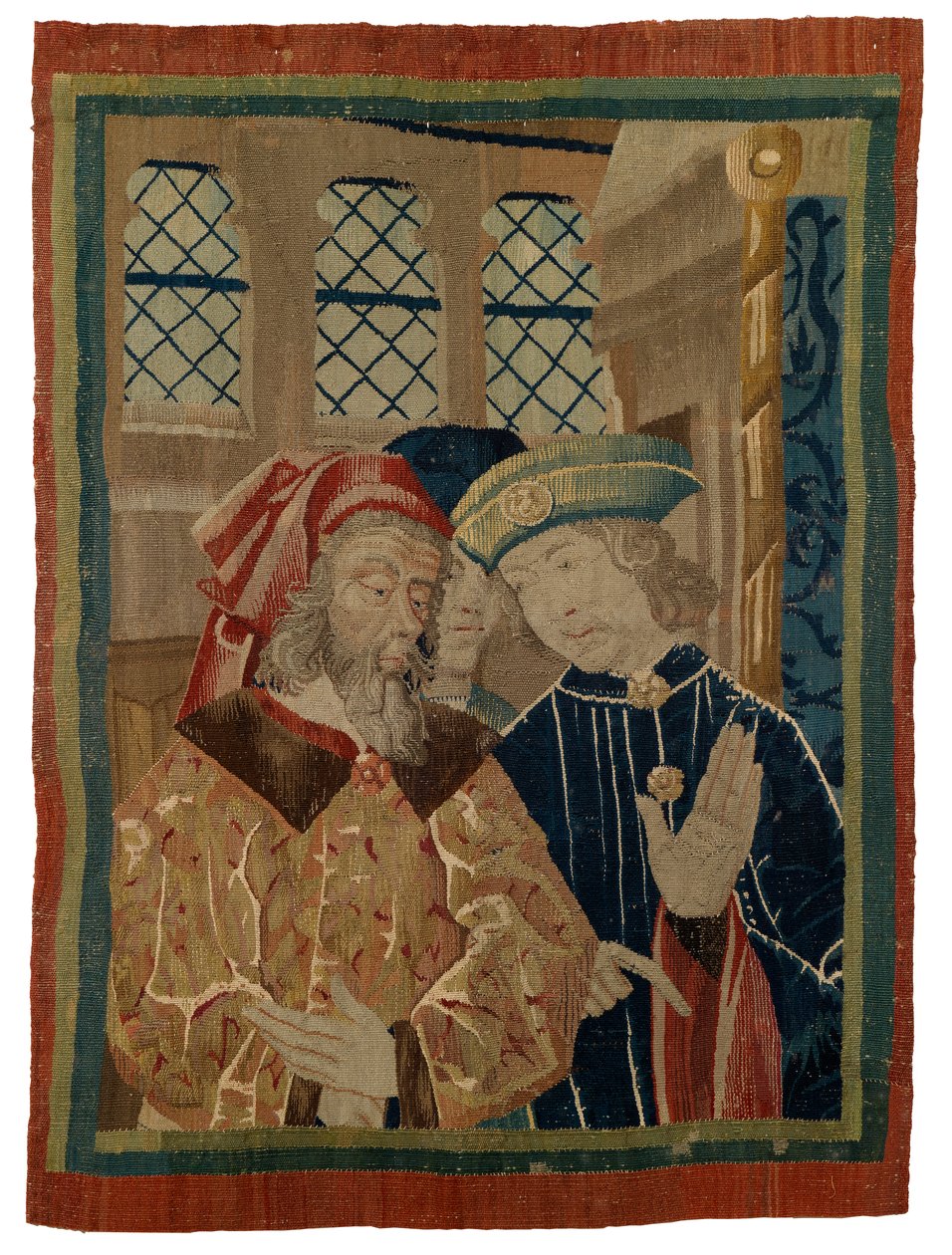 Wandtapijt fragment met drie figuren door French School