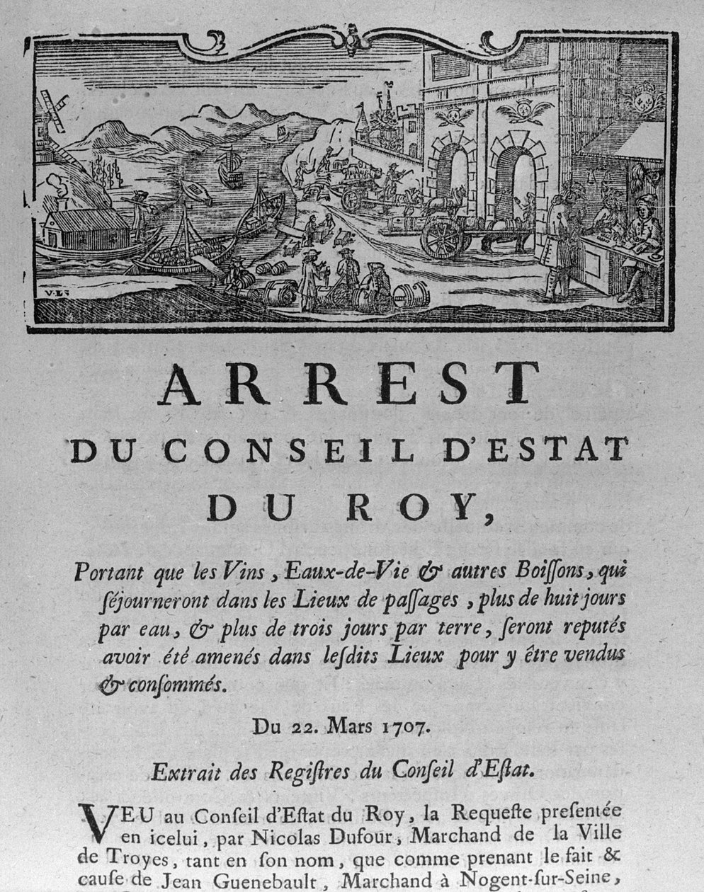 Belastingkantoor bij de ingang van een stad voor wijnen en sterke dranken, decreet van de Raad van State 22 maart 1707, uit Registers van de Raad van State van Parijs, 1739 door French School