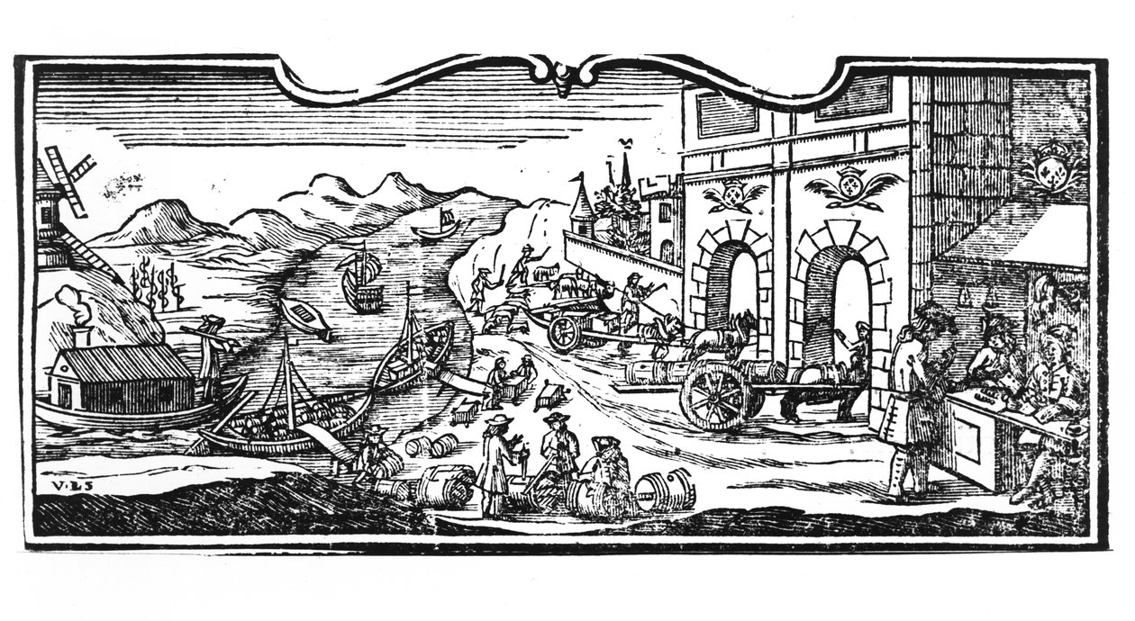 Belastingkantoor bij de ingang van een stad voor wijnen en sterke dranken, decreet van de Raad van State 22 maart 1707, uit Registers van de Raad van State van Parijs, 1739 (detail) door French School