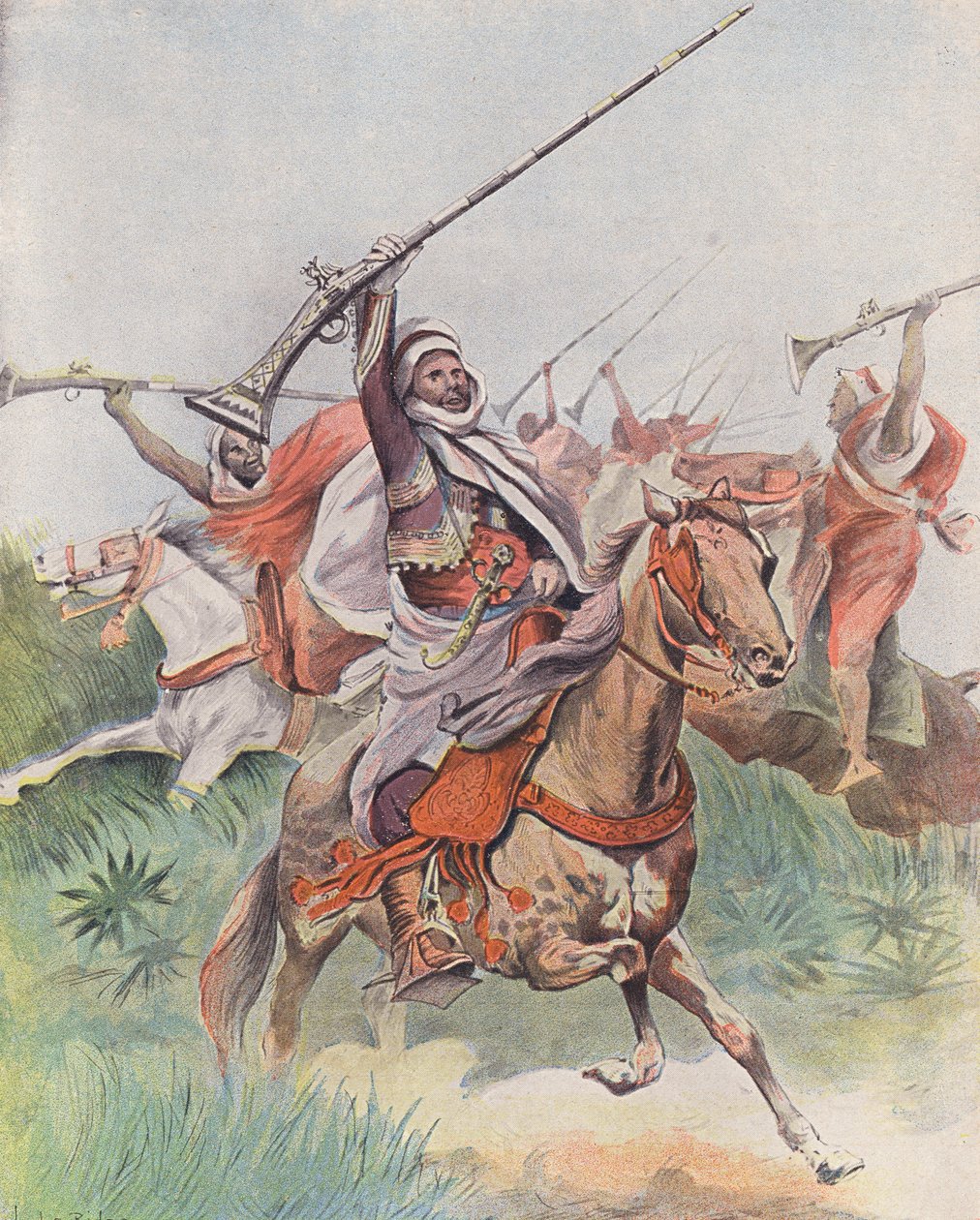 Tbourida, traditionele ruiterfantasie, Marokko (kleurenlitho) door French School