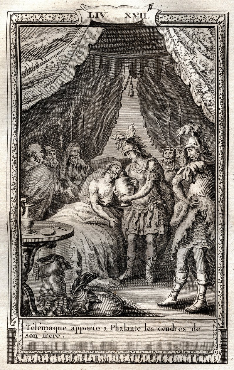Telemachus verzorgt de wonden van Phalante en brengt hem de as van zijn broer - gravure van 1798 naar Monnet in "Les Aventures de Telemaque, fils d