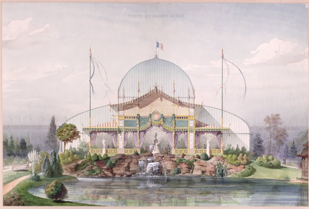 Tent en grote kas in de tuin van de Wereldtentoonstelling in Parijs in 1867 door French School