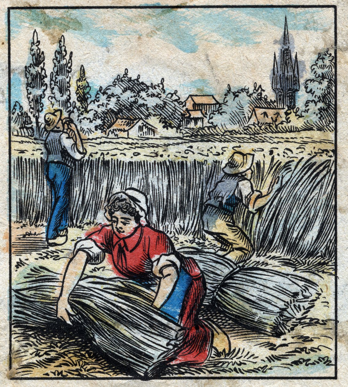 Textiel, vlas: landbouw. Verzamelt linnen dat in een bundel wordt samengevoegd om te drogen. Gravure. Epinal afbeelding eind 19e eeuw. door French School