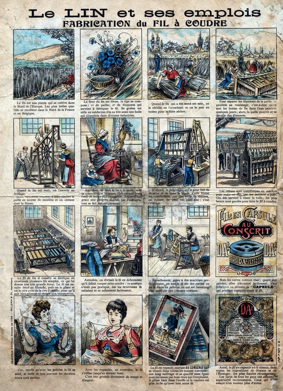 Textiel, linnen. De stappen van naaien, vervaardigen, gebruiken en vermarkten van vlas om naaigaren te maken. Gravure. Epinal afbeelding eind 19e eeuw. door French School