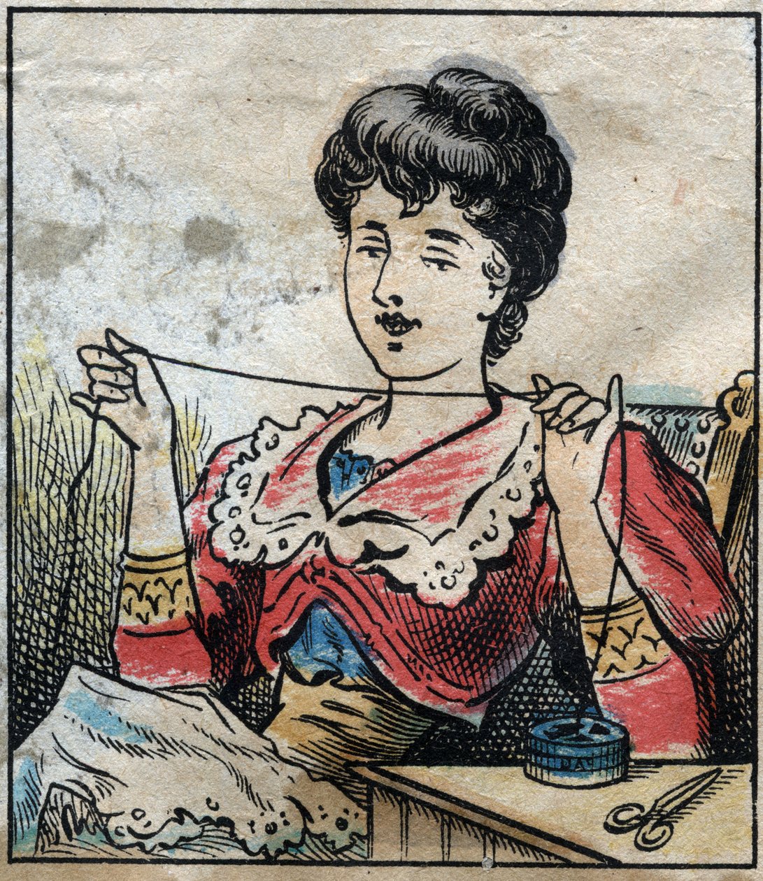 Textiel, linnen. Vrouw die capsules gebruikt om naaigaren te gebruiken. Gravure. Epinal imaging eind 19e eeuw. door French School