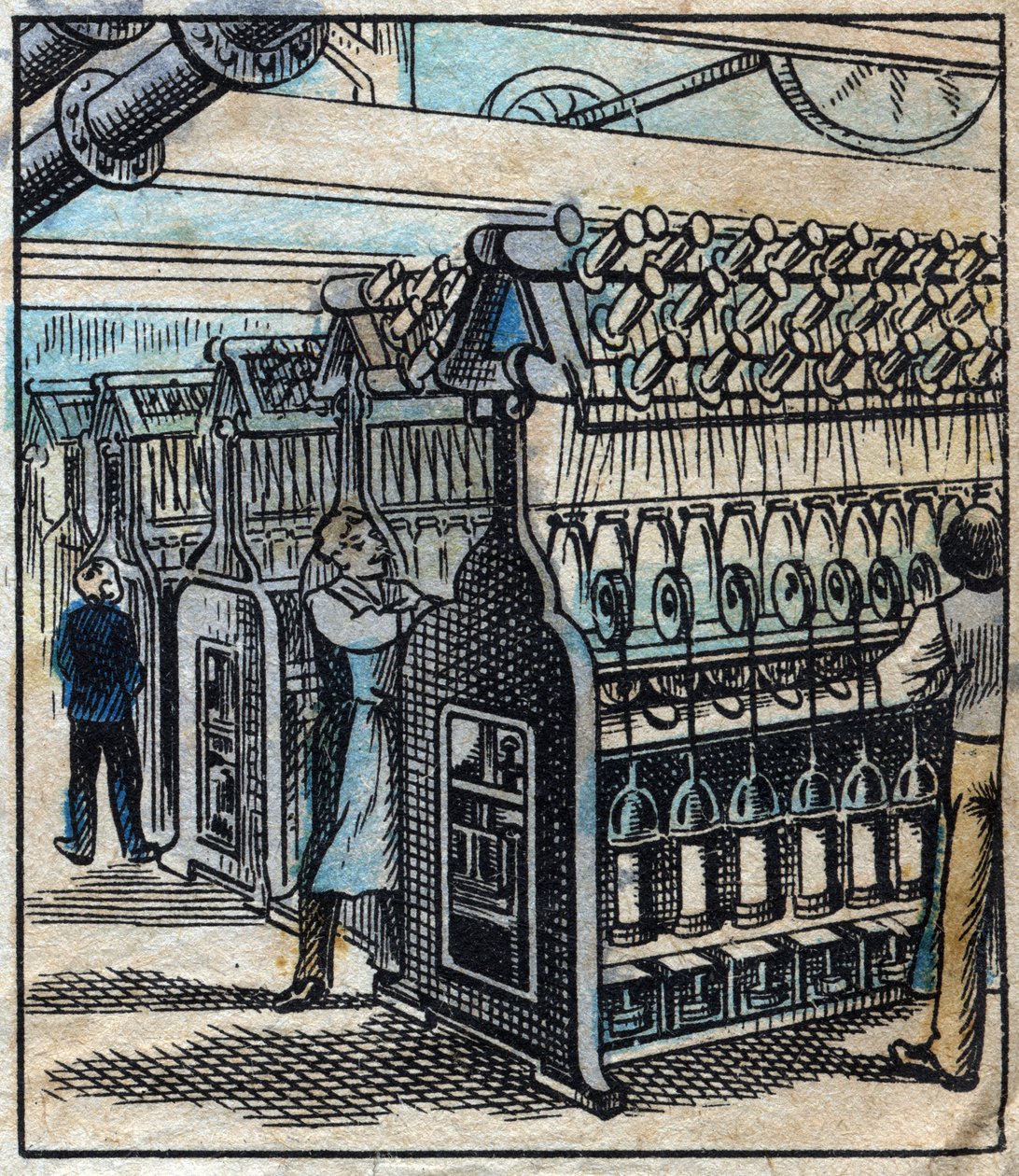 Textiel, linnen: de werkplaats. Het transformeren van de linten in boren en vervolgens in draden met behulp van spinmachines. Gravure. Epinal afbeelding eind 19e eeuw. door French School