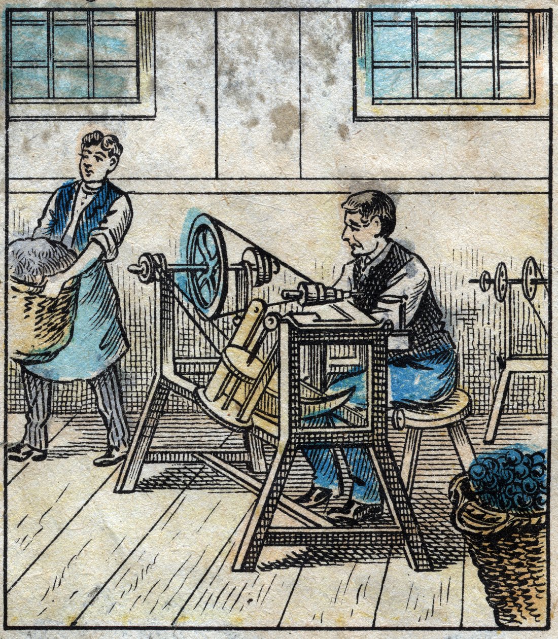 Textiel, linnen: werkplaats. De naaigaren worden op kaarten of rollen in een bal gelegd. Gravure. Epinal afbeelding eind 19e eeuw. door French School