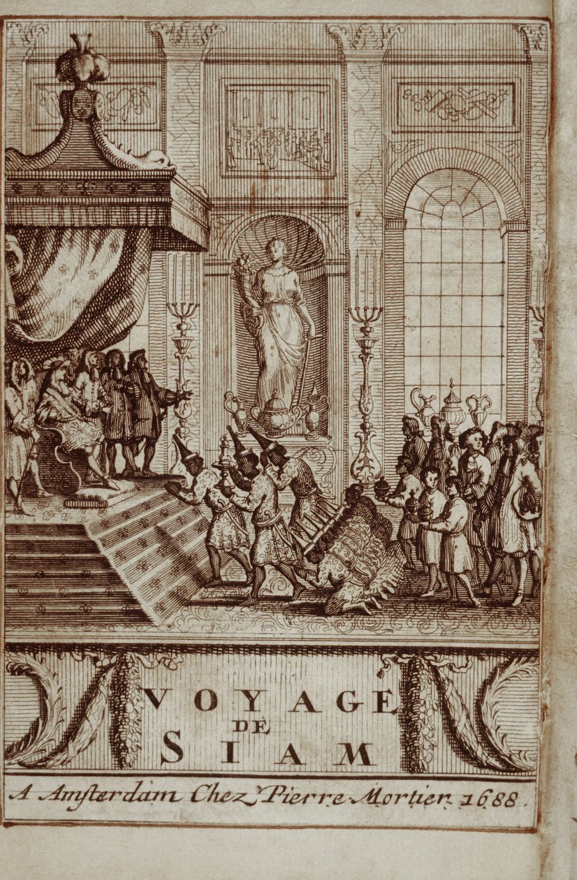 Thaise ambassadeurs ontvangen in Parijs door Lodewijk XIV, frontispice van Reis naar Siam door Guy Tachard, 1688 door French School