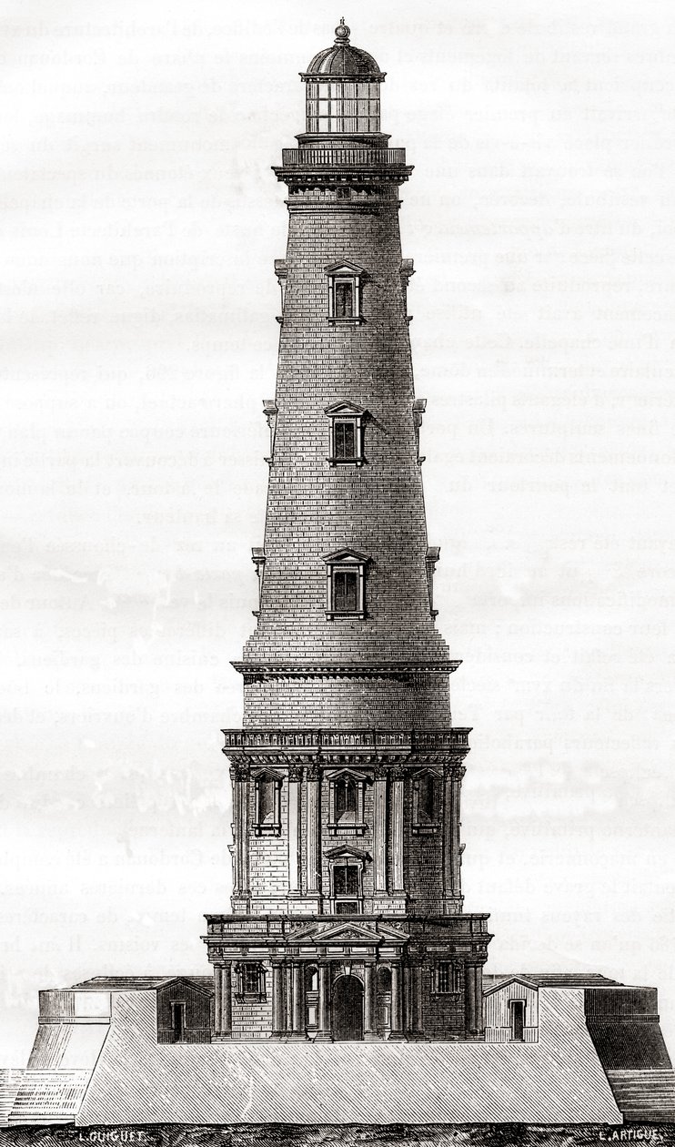De 17e-eeuwse vuurtoren van Cordouan, nabij de monding van de Gironde-estuarium in Frankrijk, hier te zien na de uitbreiding in de 18e eeuw, uit Les Merveilles de la Science, gepubliceerd ca. 1870 (gravure) door French School