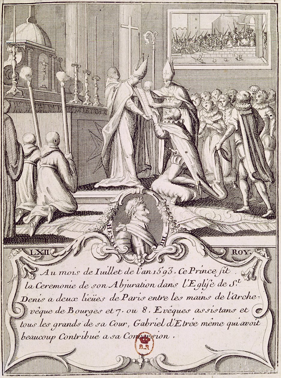 De afzwering van Hendrik IV (1553-1610) in St. Denis, juli 1593 door French School