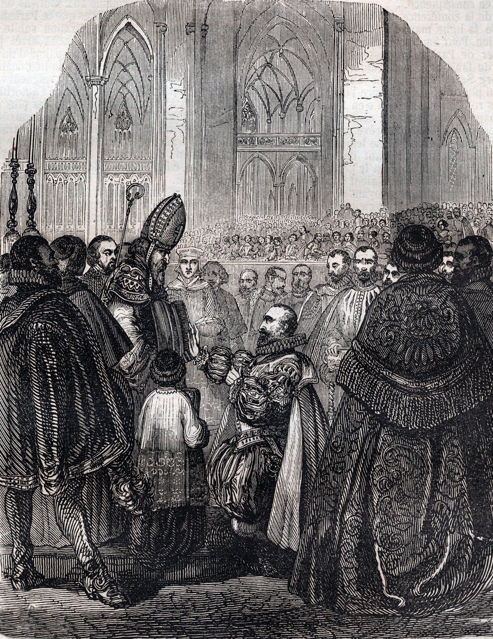 De Afzwering van Hendrik IV, koning van Frankrijk in Saint Denis op 25 juli door French School