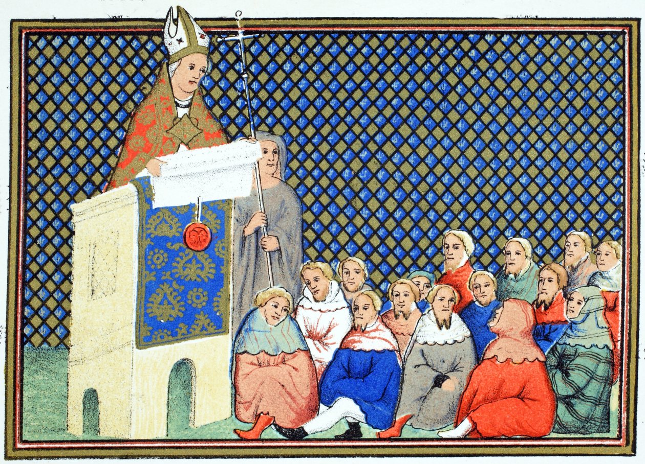 De aartsbisschop van Canterbury predikt tegen Richard II aan de Engelse adel, facsimile kopie uit Le Prinse et Mort du Roy Richart door Jean Creton, herdrukt 19e eeuw door French School