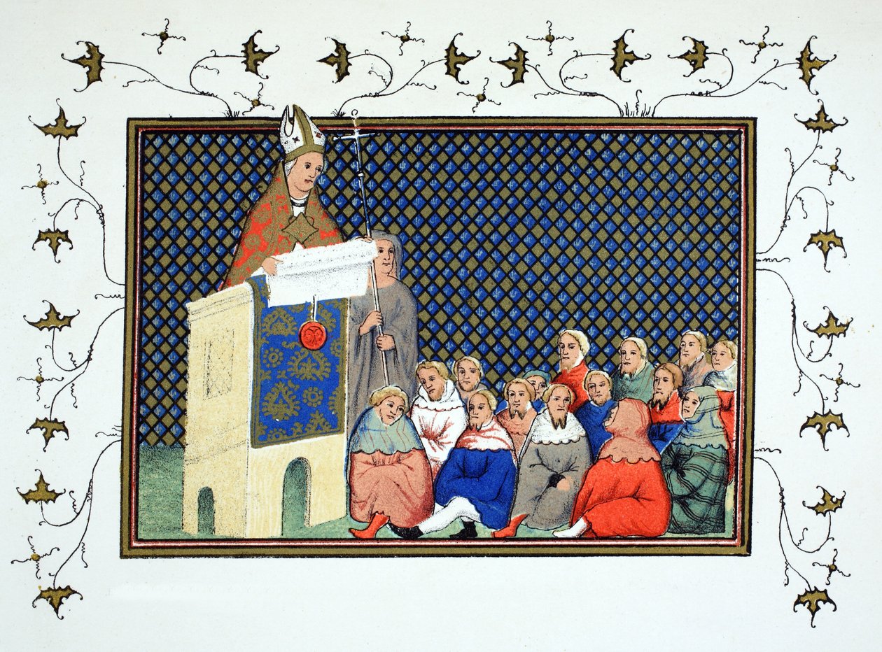 De aartsbisschop van Canterbury predikt tegen Richard II aan de Engelse adel, facsimile kopie uit Le Prinse et Mort du Roy Richart door Jean Creton, herdrukt 19e eeuw door French School