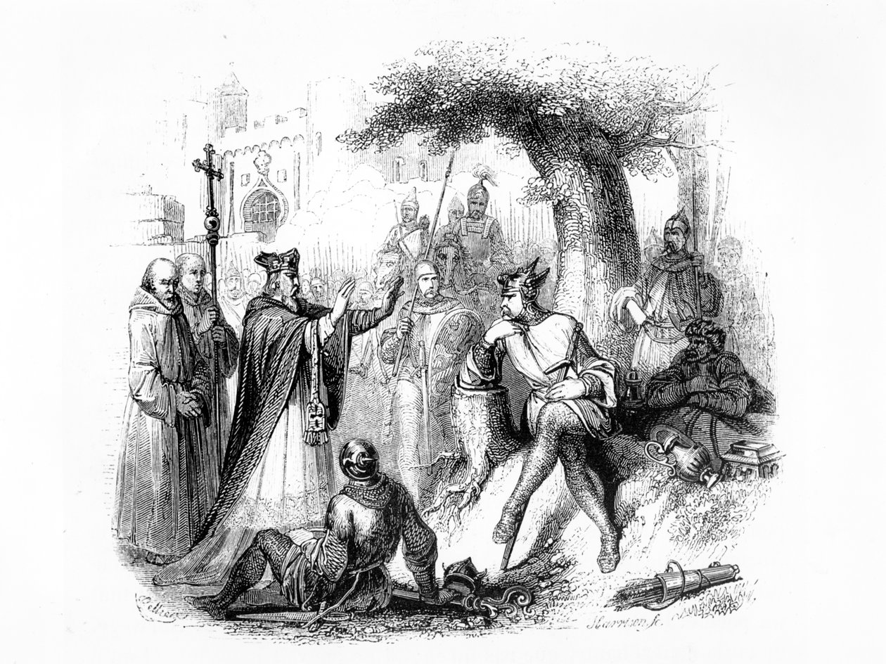 De aartsbisschop van Rouen in onderhandeling met Rollo de Viking om de stad te beschermen tegen aanvallen van andere Vikingen door French School