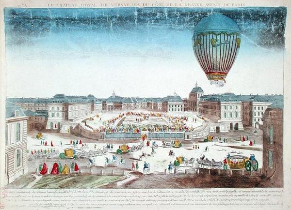 De ballonvaart van Francois Pilatre de Rozier (1754-96) over het Chateau de Versailles, 23 juni door French School