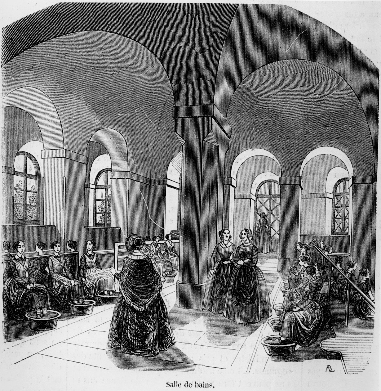 De badkamer bij het Instituut voor de Jonge Blinden, in Tableau de Paris door Edmond Texier, gepubliceerd in 1852 door French School