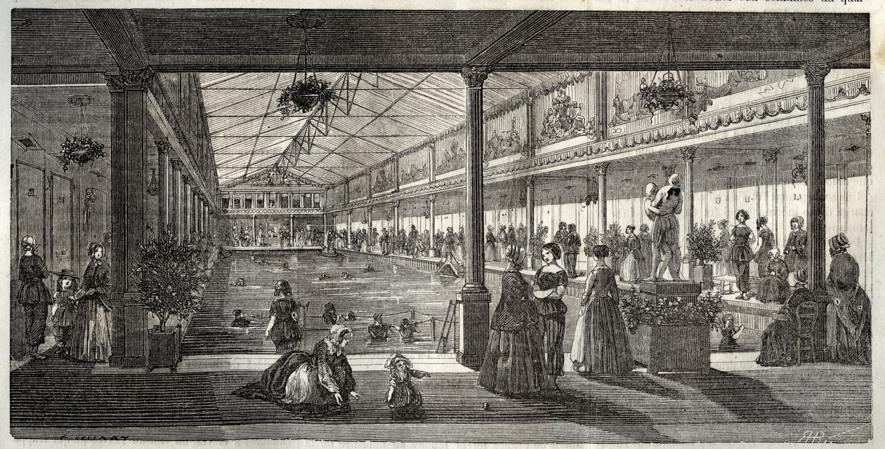 De baden in Hotel Lambert, Ile Saint-Louis, Parijs, midden 19e eeuw - Hotel Lambert, Ile Saint-Louis, zwemschool voor dames - Bain Lambert - Gravure in 