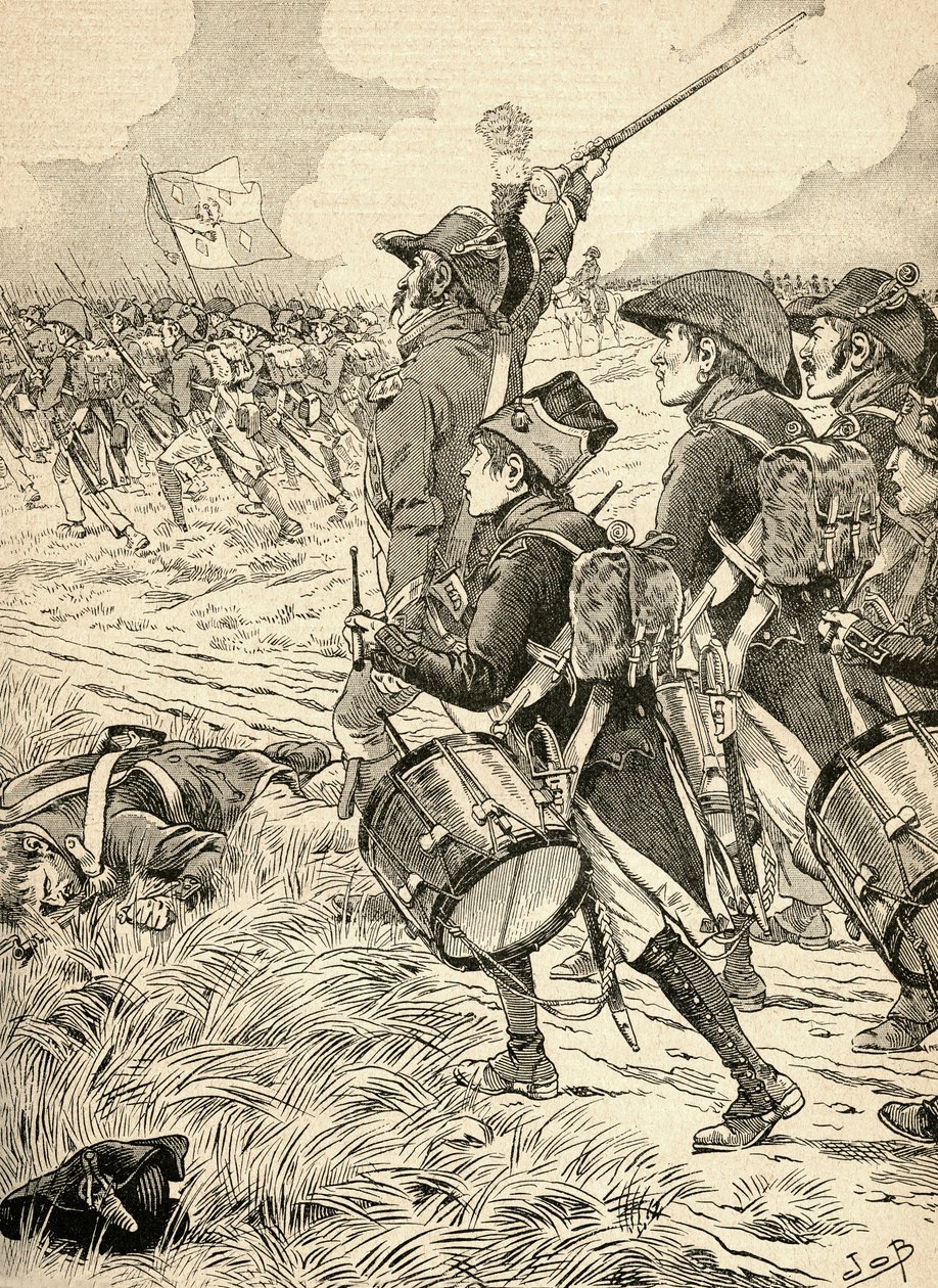 De Slag bij Marengo, Italië in 1800, gevochten tussen de Franse troepen onder Napoleon Bonaparte en de Oostenrijkers. Uit Agenda Buvard du Bon Marche gepubliceerd in 1917. door French School