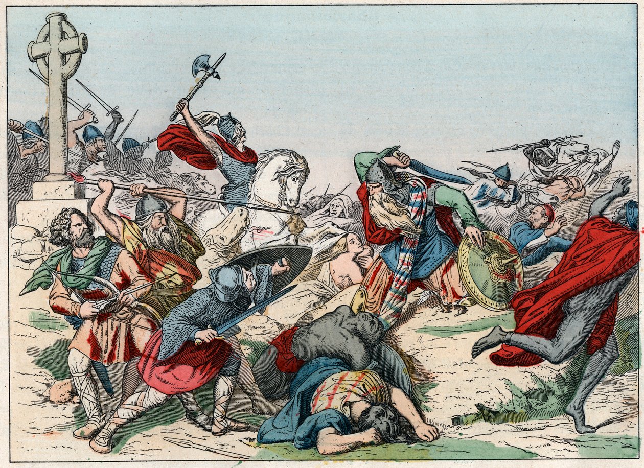 De Slag bij Poitiers op 25 oktober 732 gewonnen door Karel Martel - Gravure uit het einde van de 19e eeuw in 