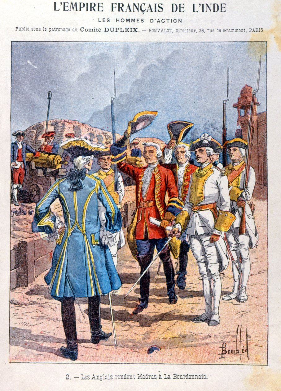 De Britten geven Madras over aan de Franse commandant Mahe de la Bourdonnais 21 september 1746, omslag van schoolschrift, c.1900 door French School