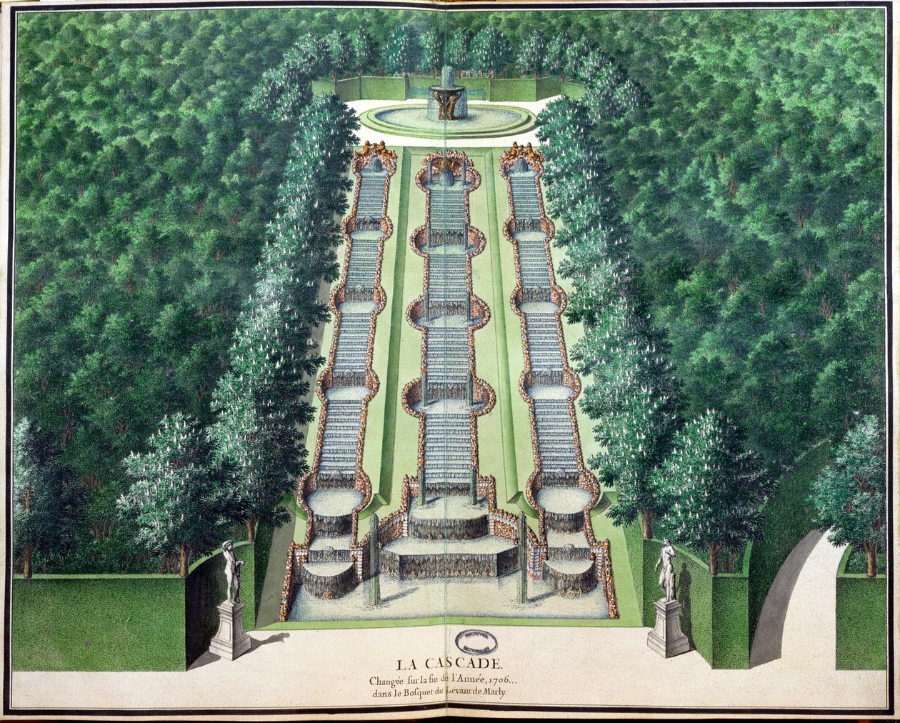 De waterval, aangepast eind 1706, in het bos op de heuvel, uit Tuinen van Marly, begin 18e eeuw door French School