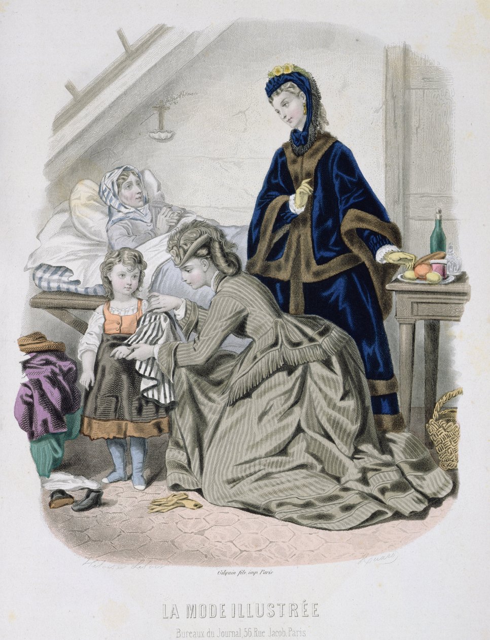 Het Liefdadigheidsbezoek, illustratie uit La Mode Illustrée, c.1870 door French School