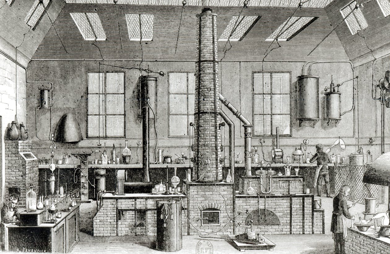 Het scheikundelaboratorium van een school in Parijs, uit Almanach du Magasin Pittoresque, 1870 door French School