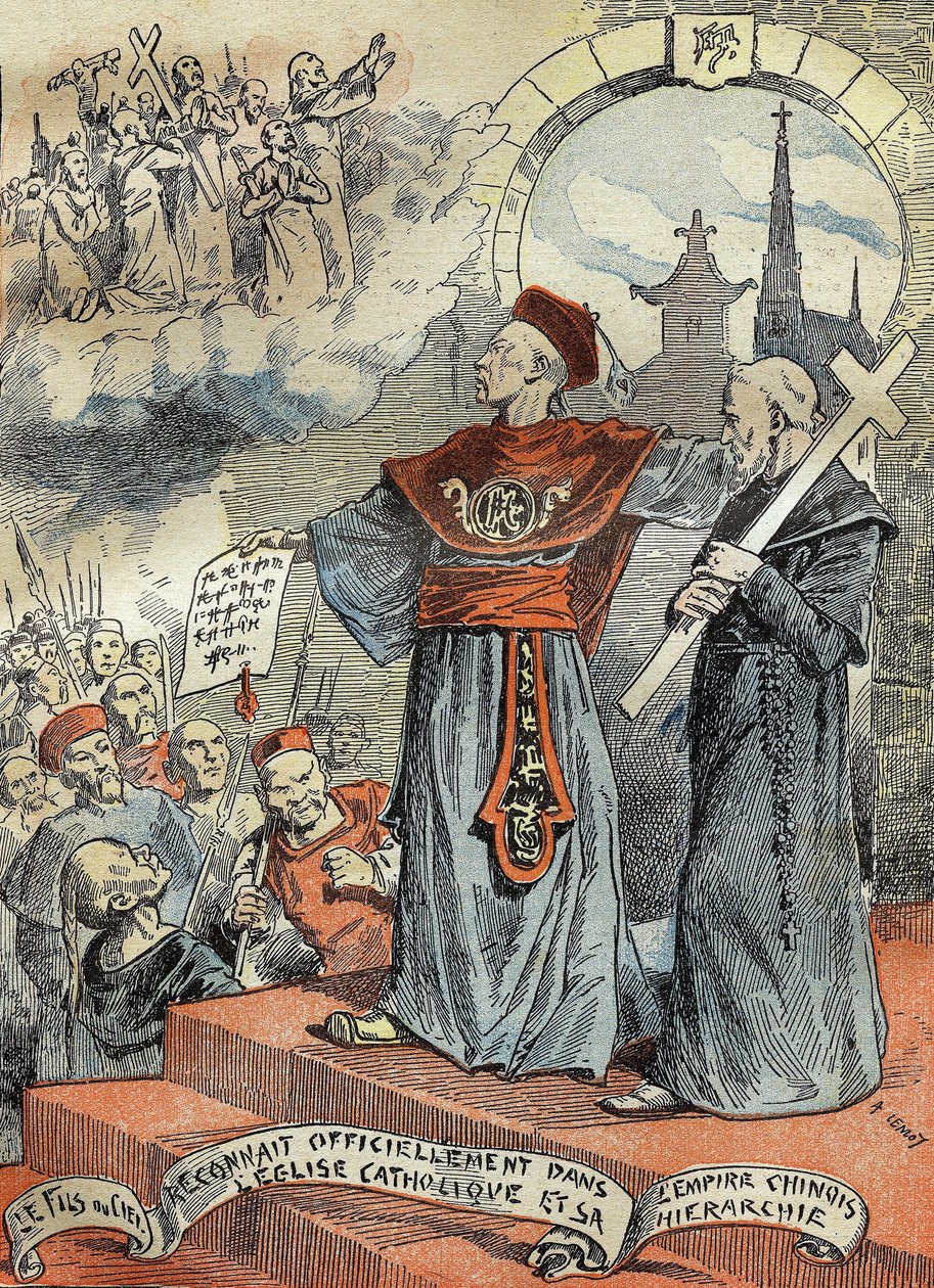 De Chinese keizer Guangxu (Kouang-siu of Kouang Siu) (1872-1908) erkende officieel de Katholieke Kerk en haar hiërarchie. Gravure in 