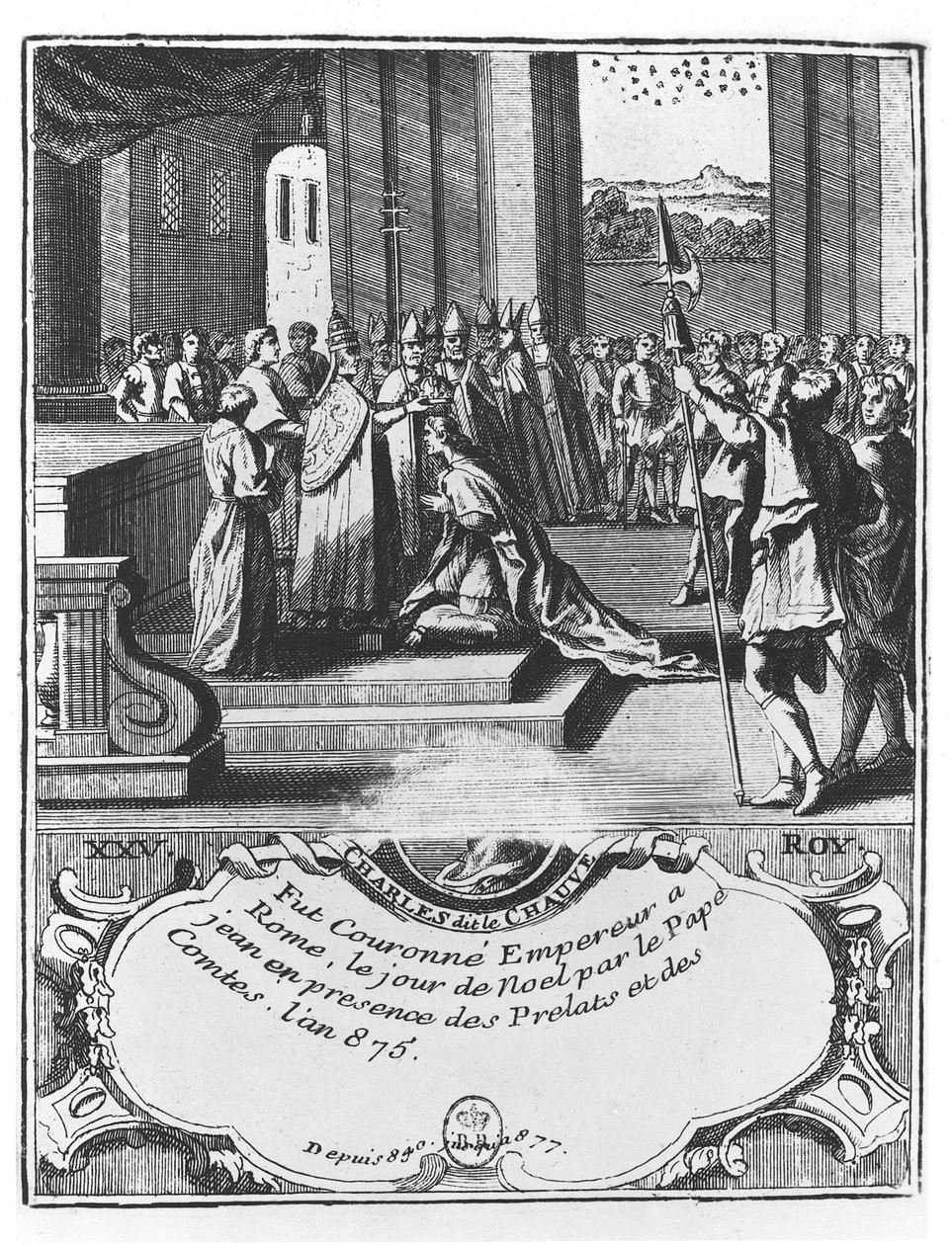 De Kroning van Karel de Kale in 875 (gravure) door French School
