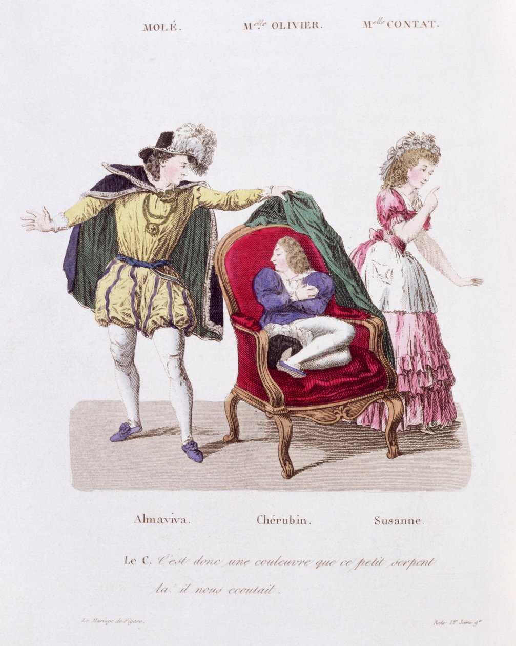 De Graaf ontdekt Cherubin, Act I Scene 9 uit Het Huwelijk van Figaro door Pierre Augustin Caron de Beaumarchais (1732-99) door French School