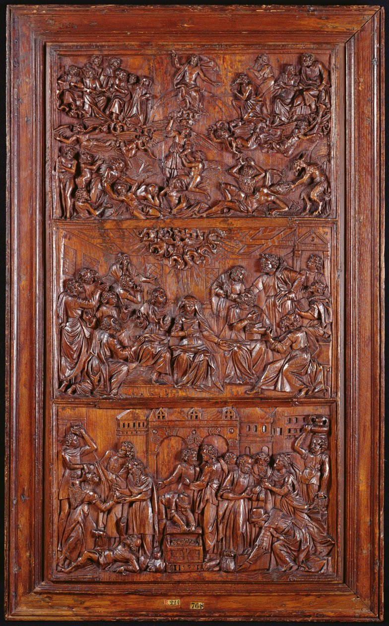 Het Credo, Paneel III: Het Laatste Oordeel, Pinksteren en de Gemeenschap der Heiligen, 1587 (hout) door French School