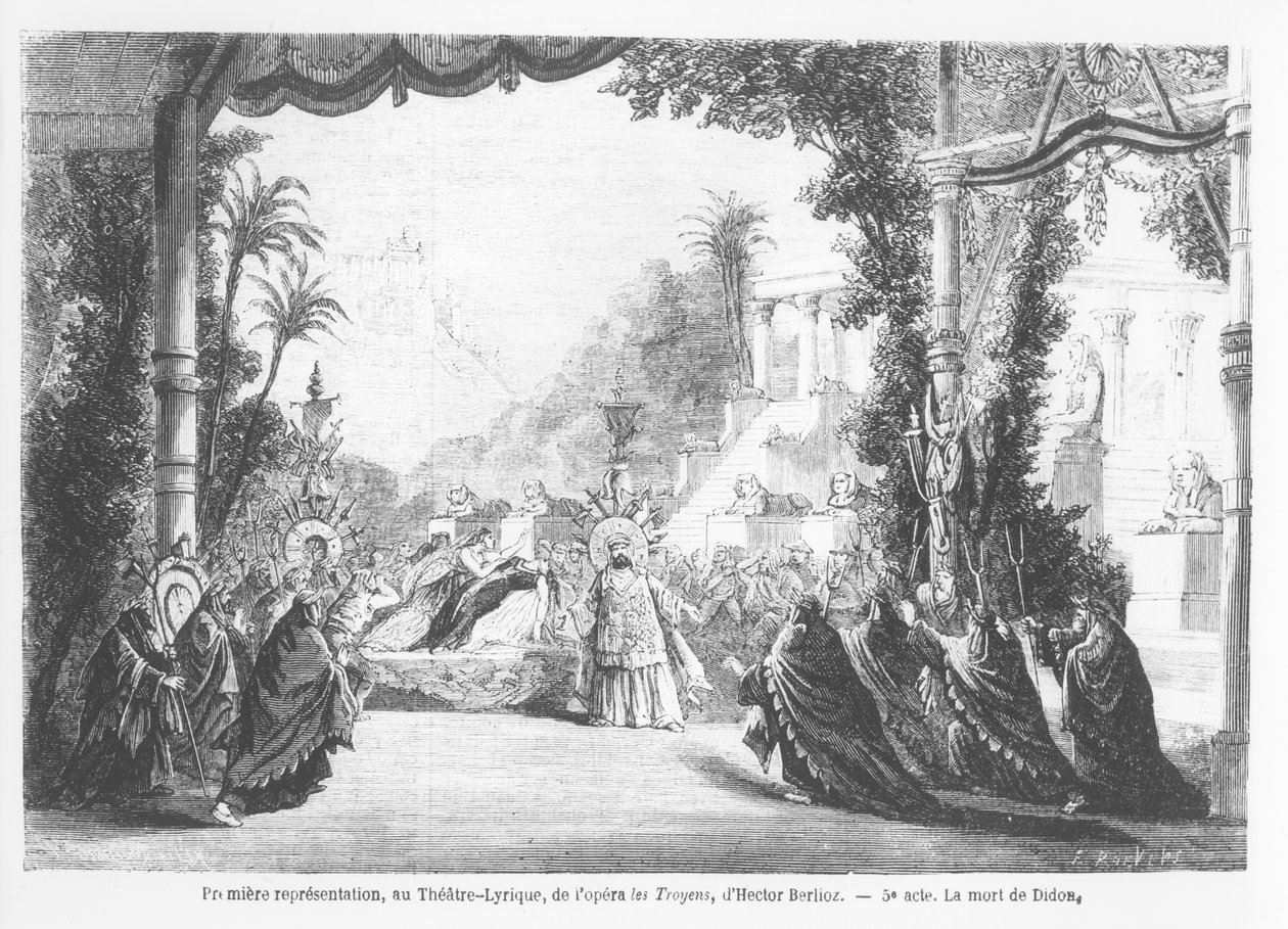 De dood van Dido, eerste uitvoering van Les Troyens door Hector Berlioz (1803-69) in Theatre Lyrique, Parijs, uit Le Monde Illustre, 14 november 1863 door French School