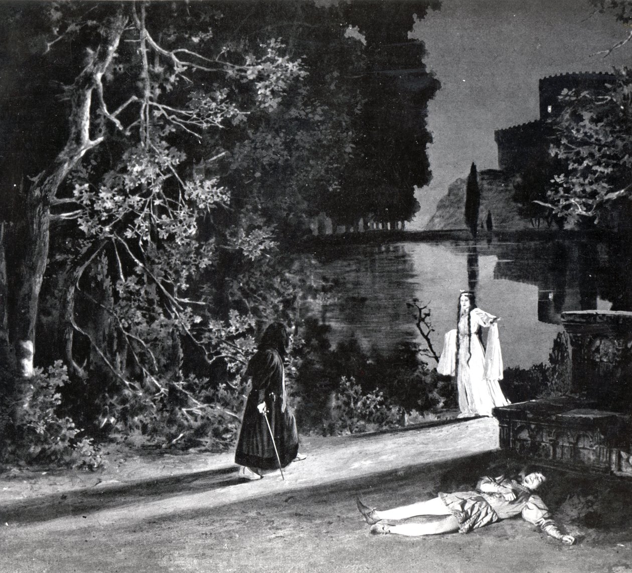 De dood van Pelleas, Acte IV, Scene 4 van Pelleas et Melisande door Debussy, van een foto van de eerste productie in april 1902 van de opera in de Opera-Comique in Parijs, illustratie in Theatre magazine door French School