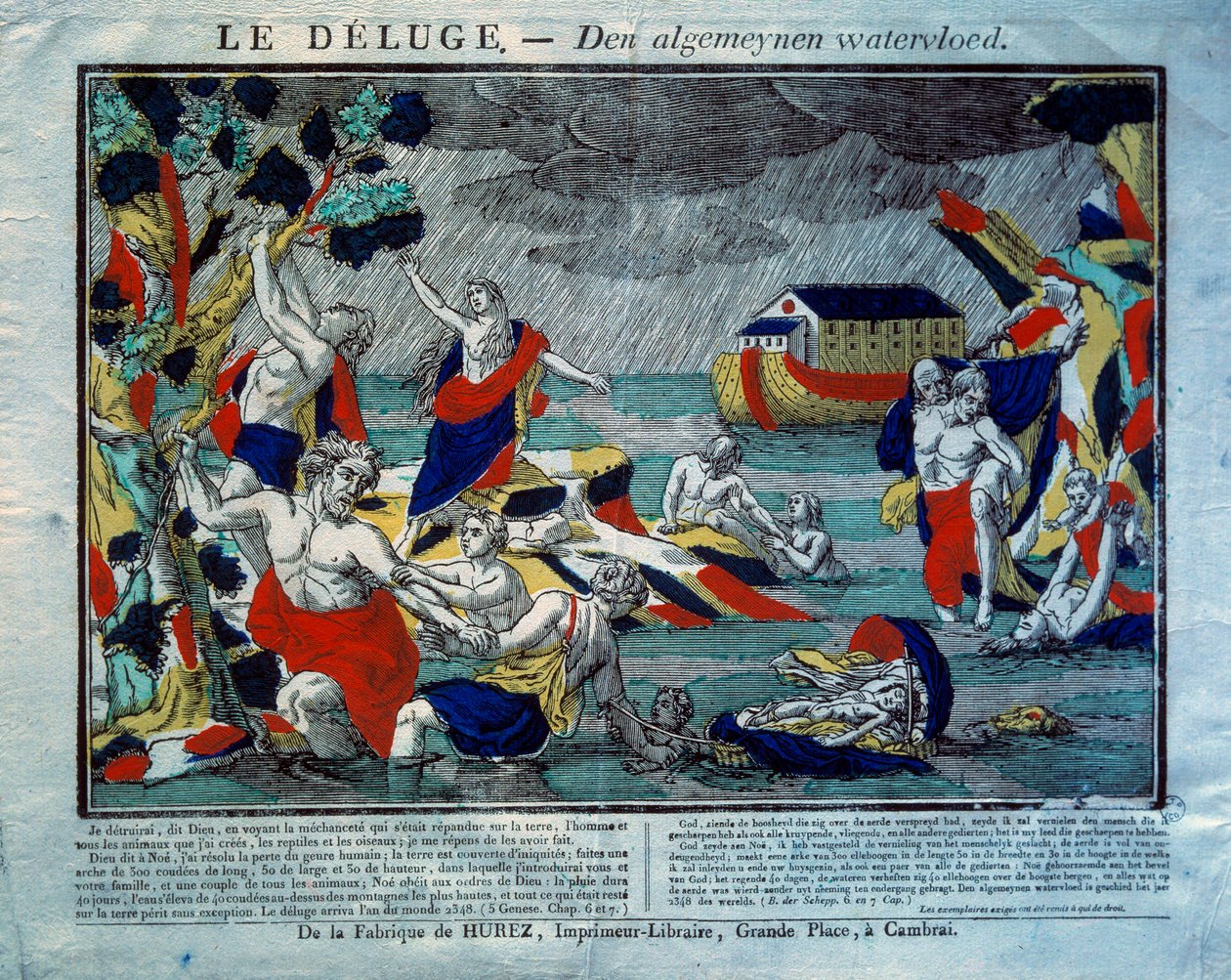 De Zondvloed, de Ark van Noach rechts. Gravure uit de 19e eeuw. Parijs, Museum voor Volkskunst en Tradities door French School