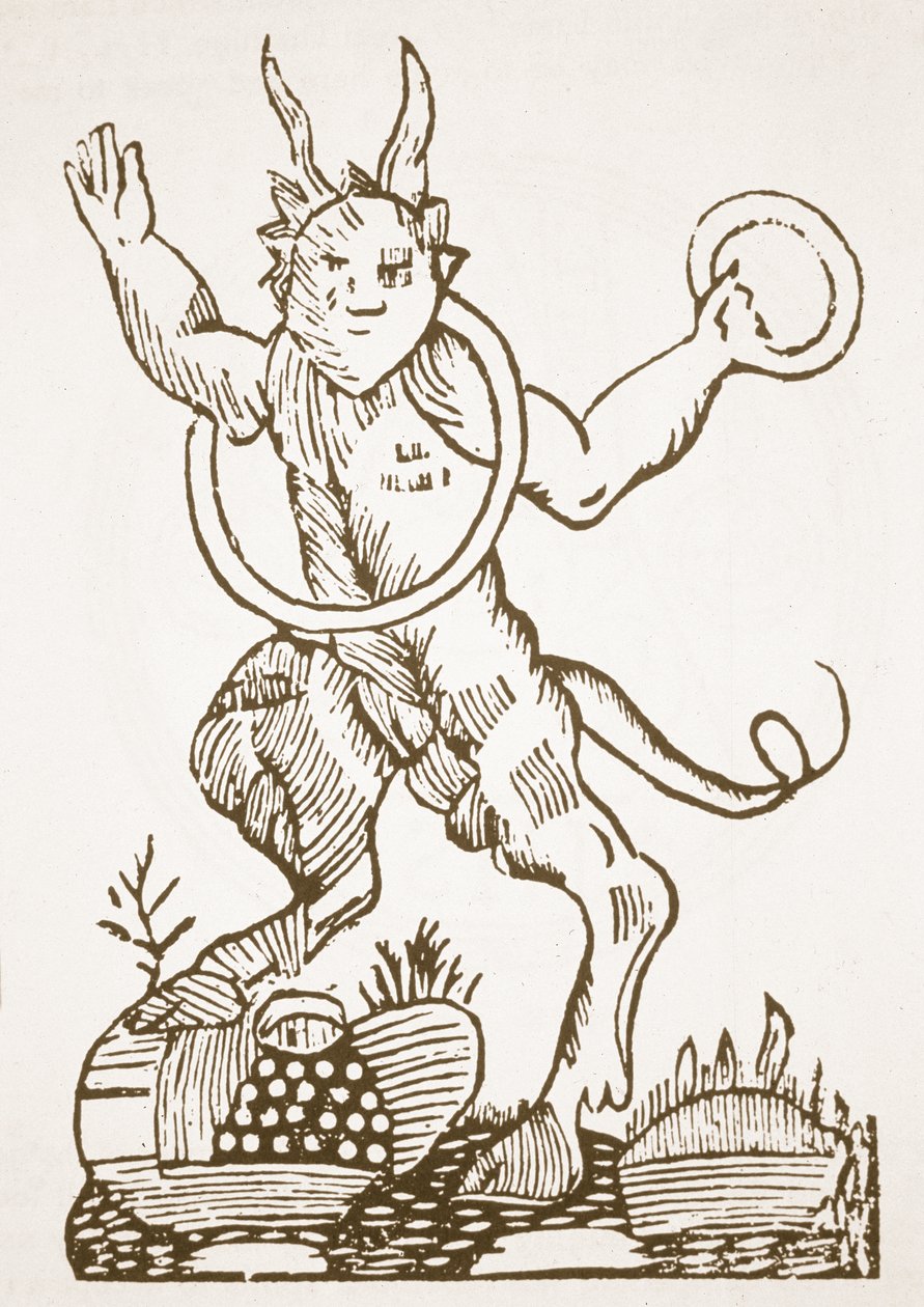 De Duivel wijst Verborgen Schatten aan, kopie van een illustratie uit Le Veritable Dragon Rouge, Lille 1521, gebruikt in Geschiedenis van de Magie, gepubliceerd eind 19e eeuw door French School